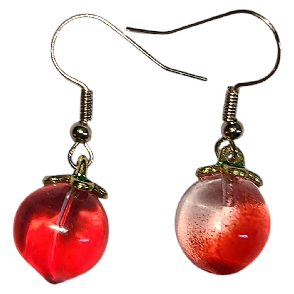 Glass Peach Fruit Gold Tone Dangle Earrings 1.5"‎